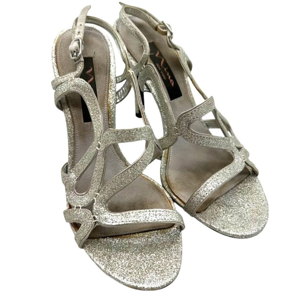 Nina New York Unilora Silver Glitter Strappy Heels Sz 6.5 Evening Slingback Y2K
